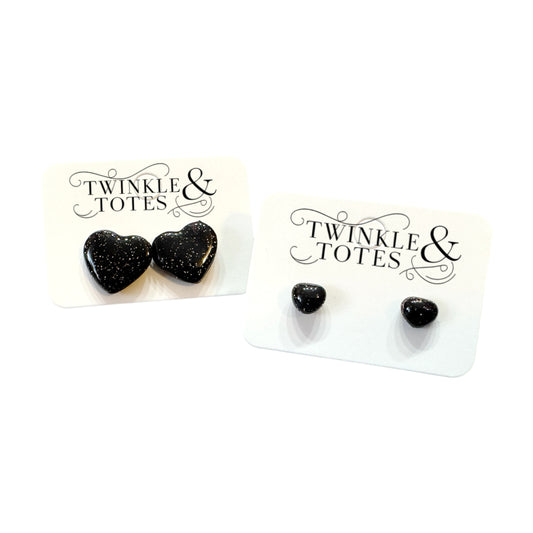 Black Sparkle Heart Handmade Earrings